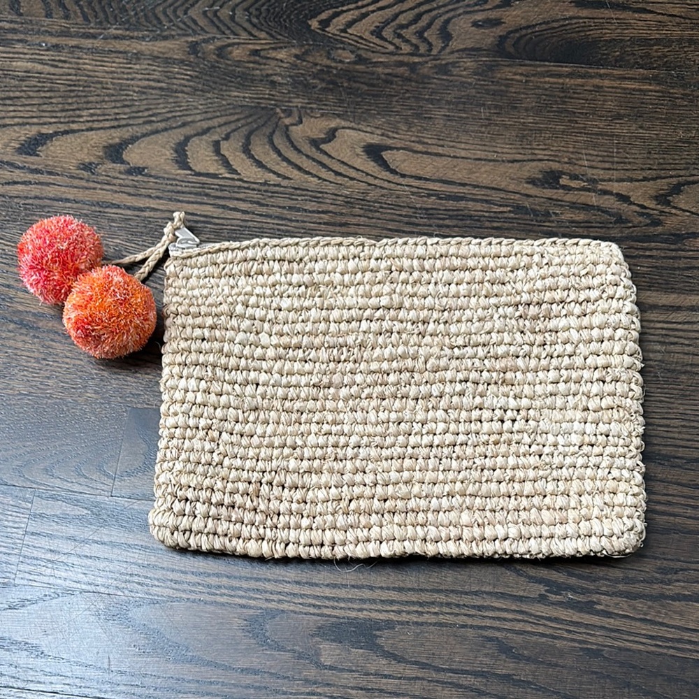 Handwoven Tan Clutch with Pom Poms